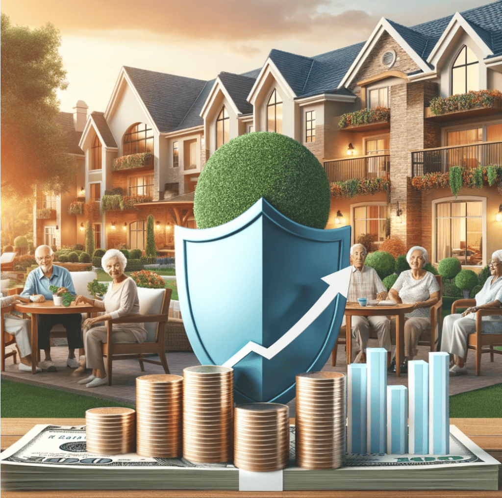 "An elegant illustration showcasing a luxurious senior living community in a serene, affluent neighborhood. In the foreground, a symbolic shield protects a stack of money and a rising graph, representing wealth preservation and financial growth. The scene features modern architecture, lush greenery, and smiling elderly residents enjoying premium amenities, evoking a sense of security, comfort, and prosperity."